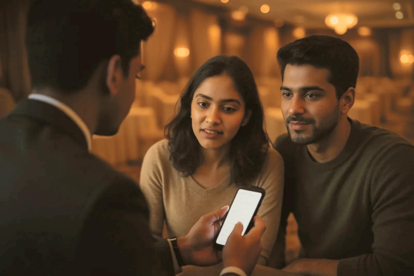 An executive in a lit hall showing a couple the diary on his phone