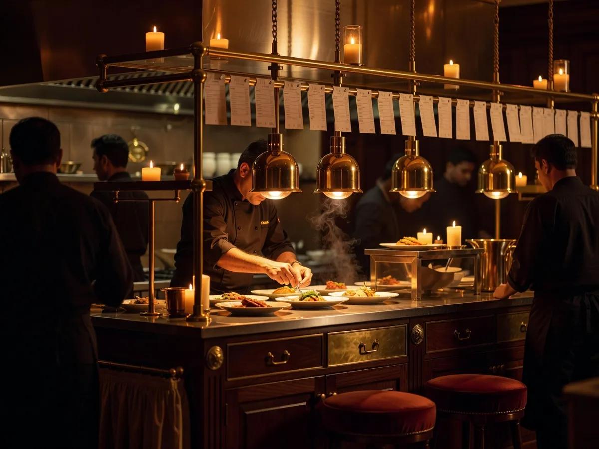 A kitchen pass under brass heat lamps, with a rail of tickets clipped above it