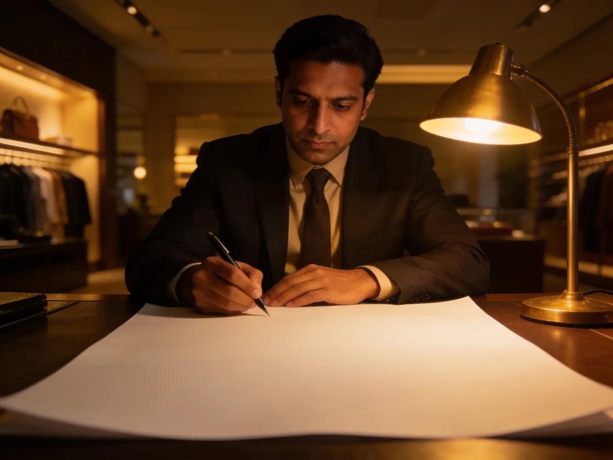 A manager writing at a desk in the evening