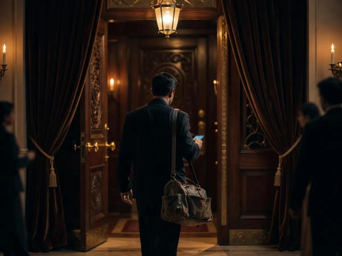 A technician at a client’s front door with a tool bag in one hand and his phone in the other