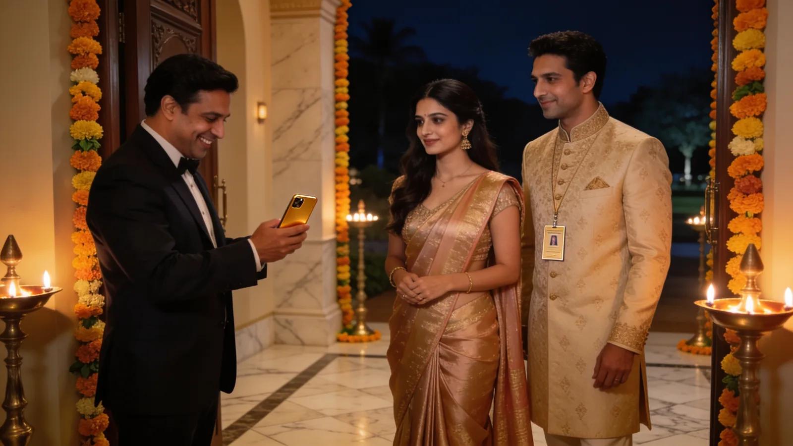 A host greeting a couple at the door with the diary on his phone
