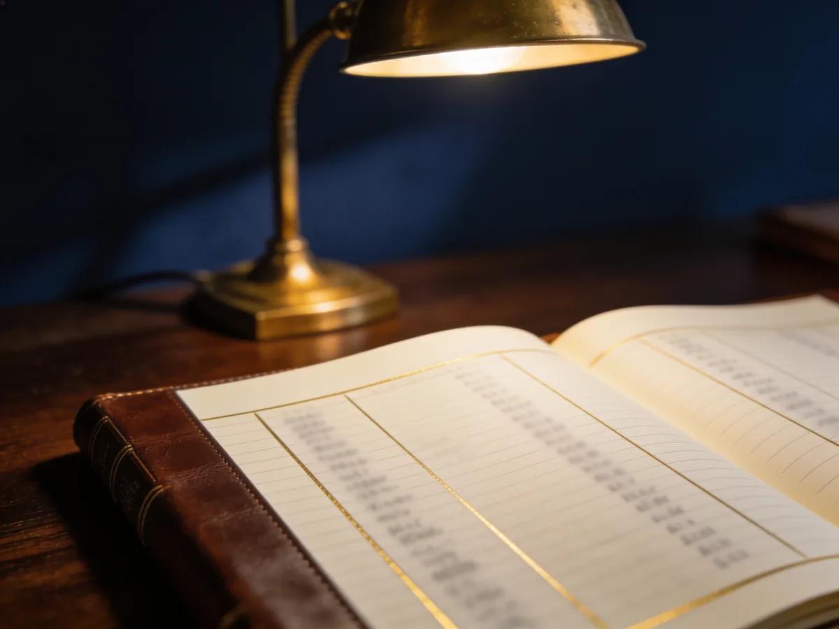 An open ledger under a brass lamp