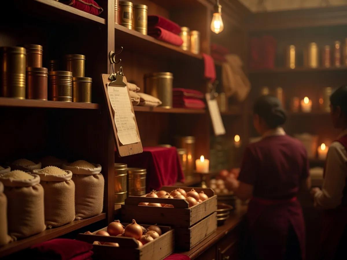 A store room: sacks of rice, tins, crates of onions and a clipboard on a hook