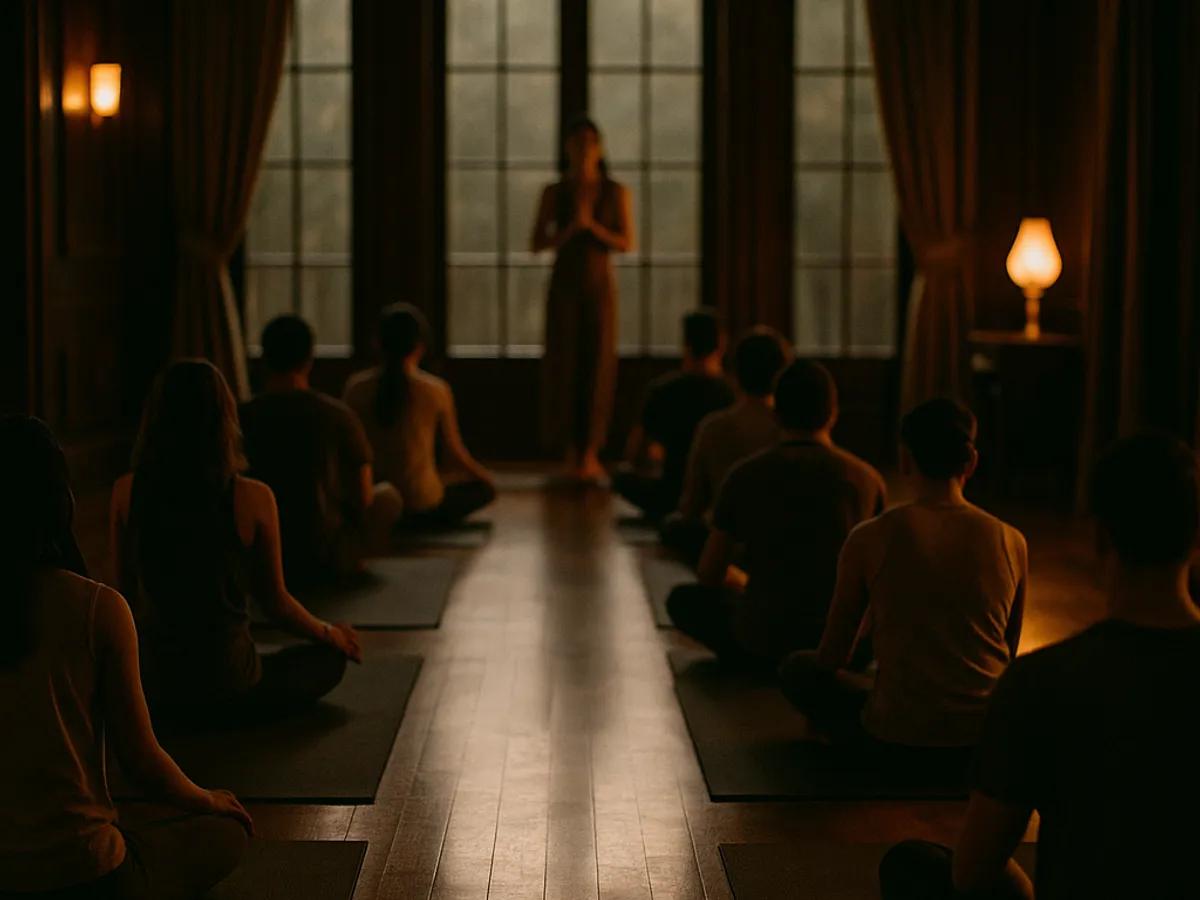 A studio floor at first light, mats laid out in rows and one person setting the last one down